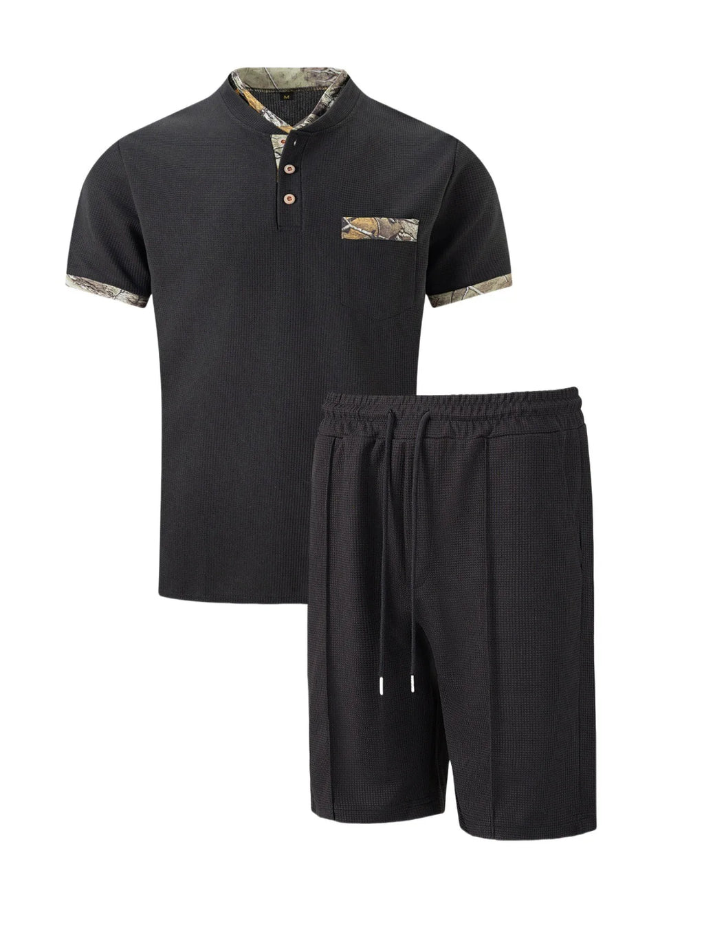 Men's Waffle Solid Color Zip Lapel Short Sleeve & Shorts Set – European Summer 2-Piece Suit