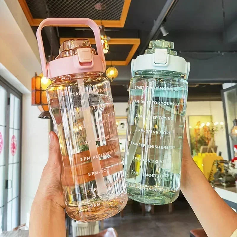 2L Large Capacity Motivational Water Bottle with Straw & Time Marker – BPA-Free Portable Fitness Bottle