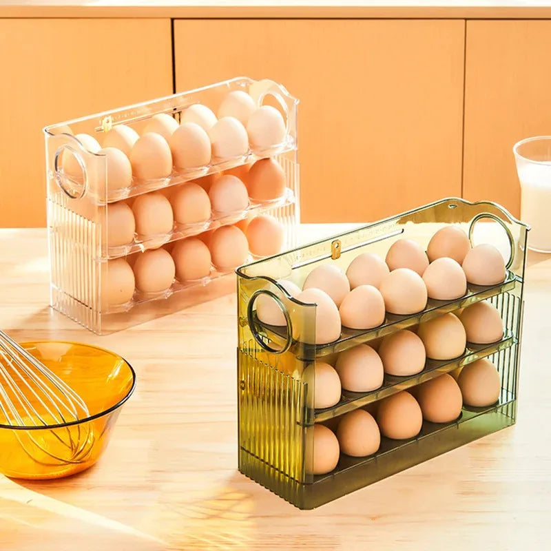 3-Layer Flip Egg Storage Box for Refrigerator – Holds 30 Eggs, Space-Saving Fridge Door Organizer