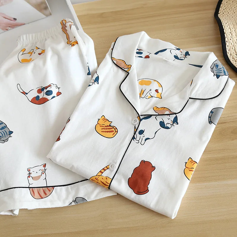Women's Japanese Style 100% Cotton Cartoon Pajama Set | Short Sleeve & Shorts Sleepwear