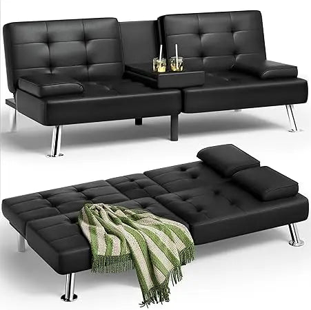 Leather Futon Sofa Bed with Detachable Armrests & Cup Holders