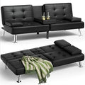 Leather Futon Sofa Bed with Detachable Armrests & Cup Holders