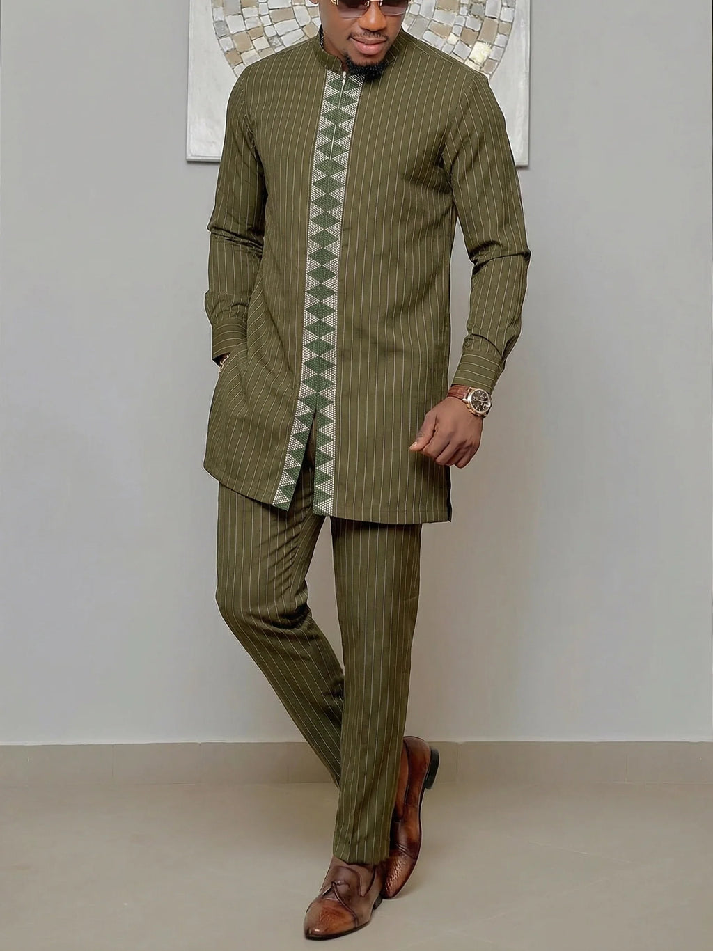 Men's African Kaunda Kaftan Long Sleeve Top & Pants 2-Piece Suit – Traditional Ethnic Wear