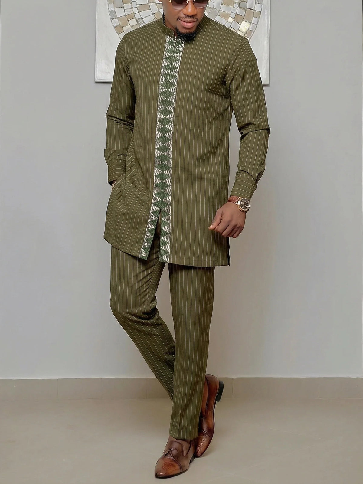 Men's African Kaunda Kaftan Long Sleeve Top & Pants 2-Piece Suit – Traditional Ethnic Wear