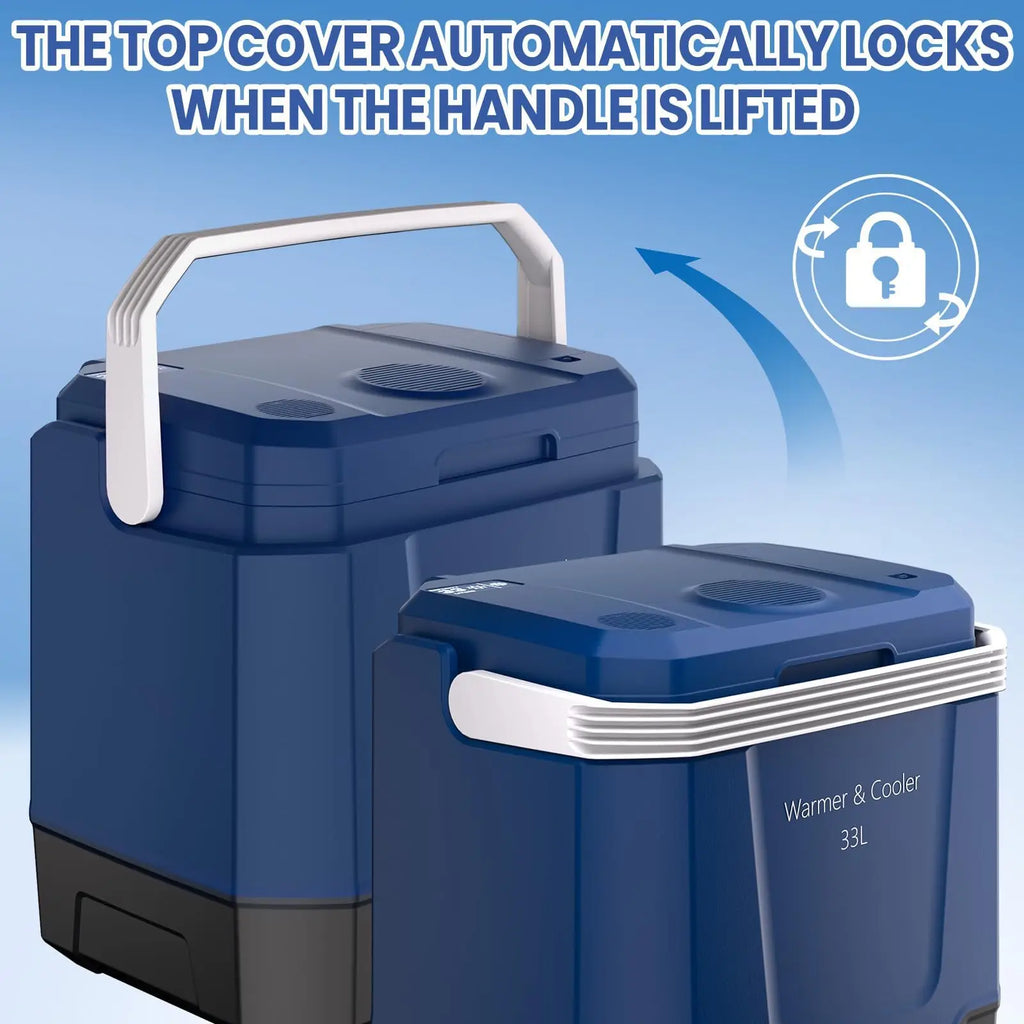 35QT Electric Cooler — Portable Car Refrigerator & Plug-In Cooler with 12V DC & AC Power, Locking Handle for Camping, Road Trips & Home Use