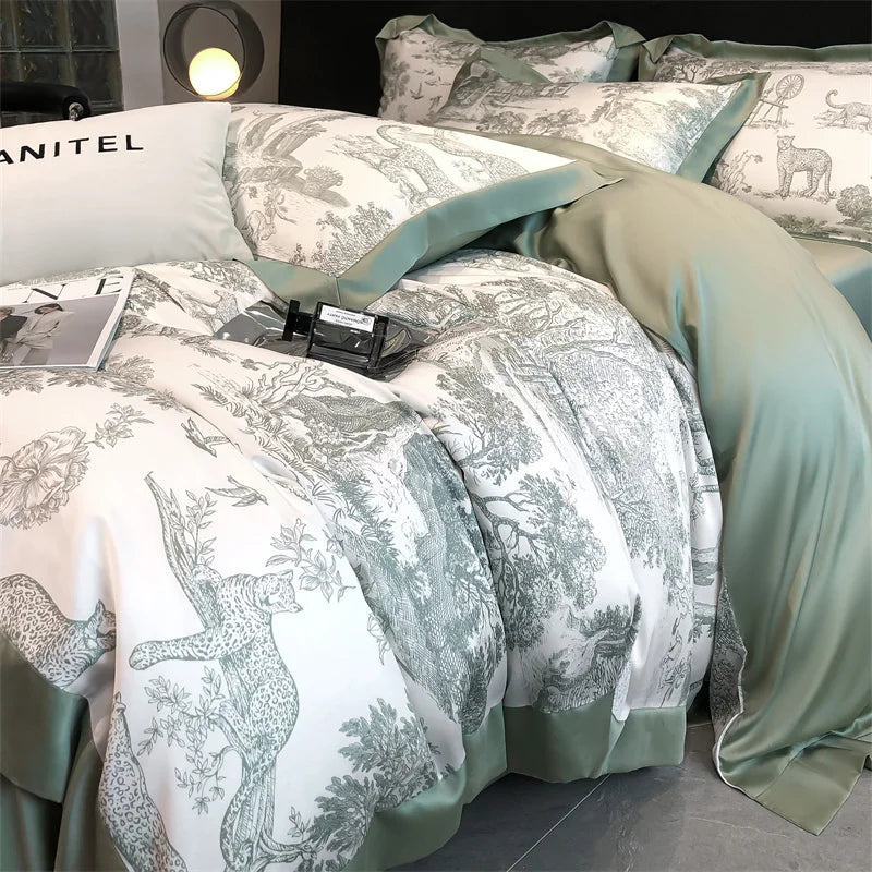 Eucalyptus Lyocell Bedding Set – Silky Soft Forest & Leopard Print Duvet Cover, Bed Sheet & Pillowcases