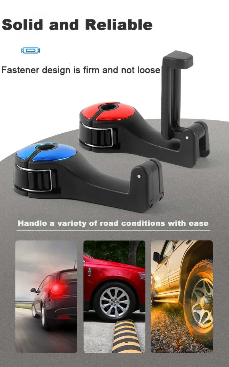 Two black quick-release tire iron tools with one red top and one blue top, shown on a gray surface with marketing text and three small inset photos of vehicles and a tire.