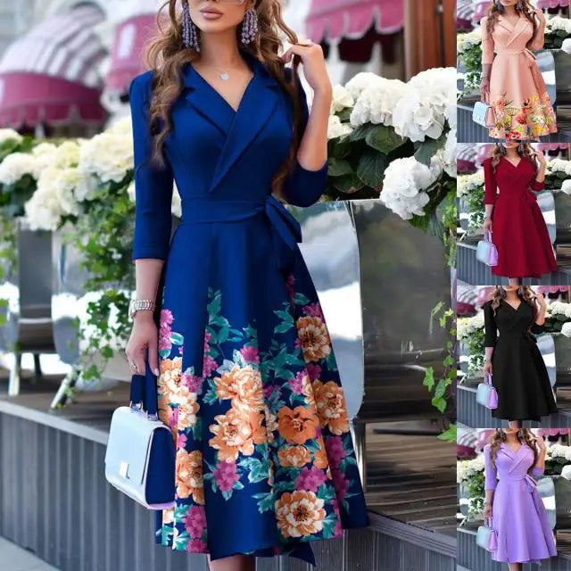 Women's Floral Printed Dress Turn-down Collar Ladies Fashion Elegant  Midi Dresses Vestidos Femenino Платье Женское Вечернее