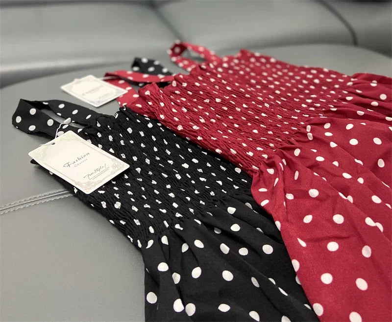 Polka Dot Square Neck Chiffon Maxi Dress — Sleeveless Elegant Long Dress