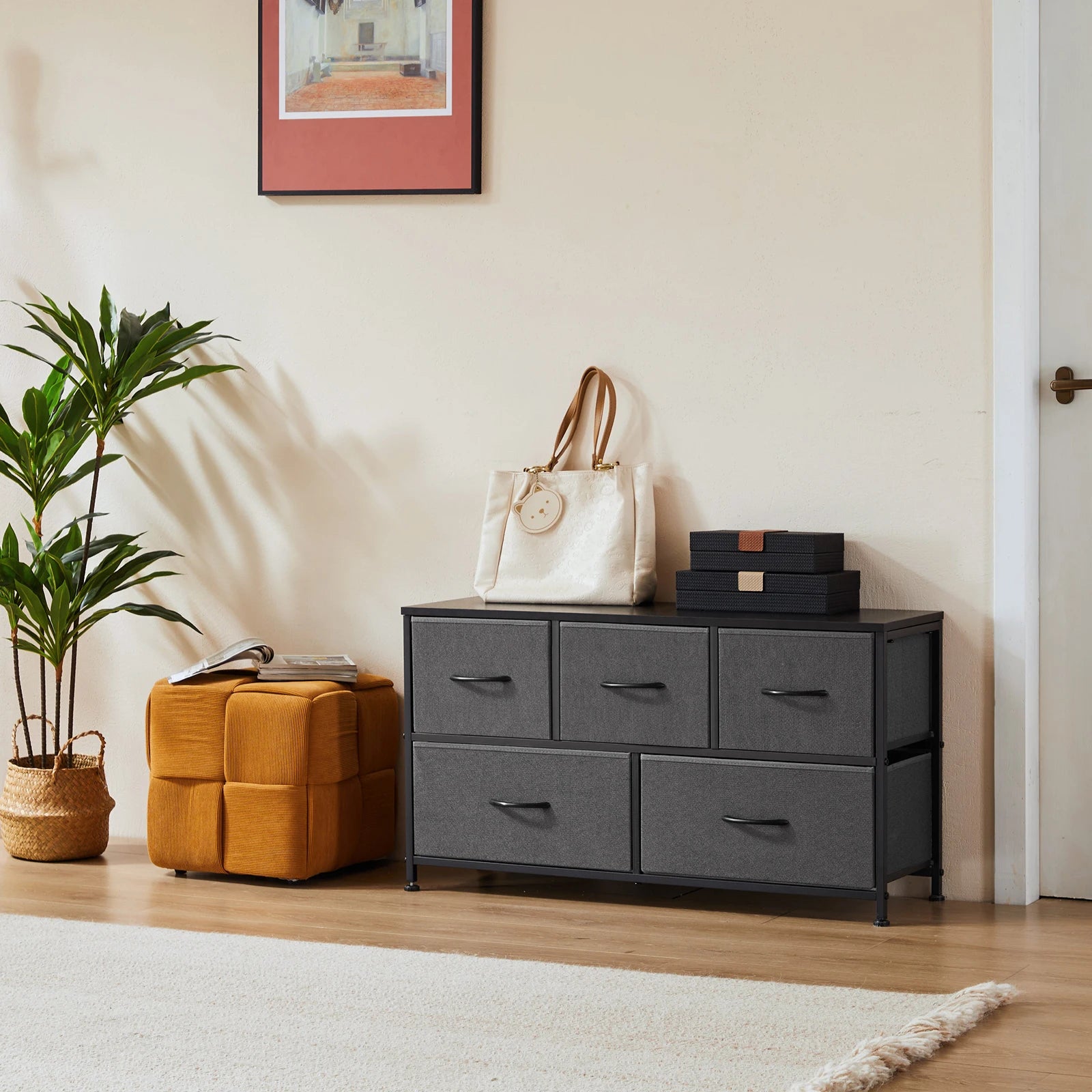 5-Drawer Fabric Dresser with Wooden Top & Metal Frame — Bedroom & Living Room Storage