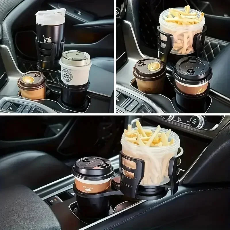 Collage of a car cup holder with multiple uses including coffee cups and a container of fries.