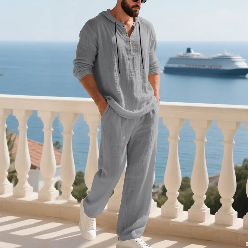 Men's Linen Casual Loose Hooded Henley Shirt & Long Pants Set – Relaxed Autumn 2-Piece Suit