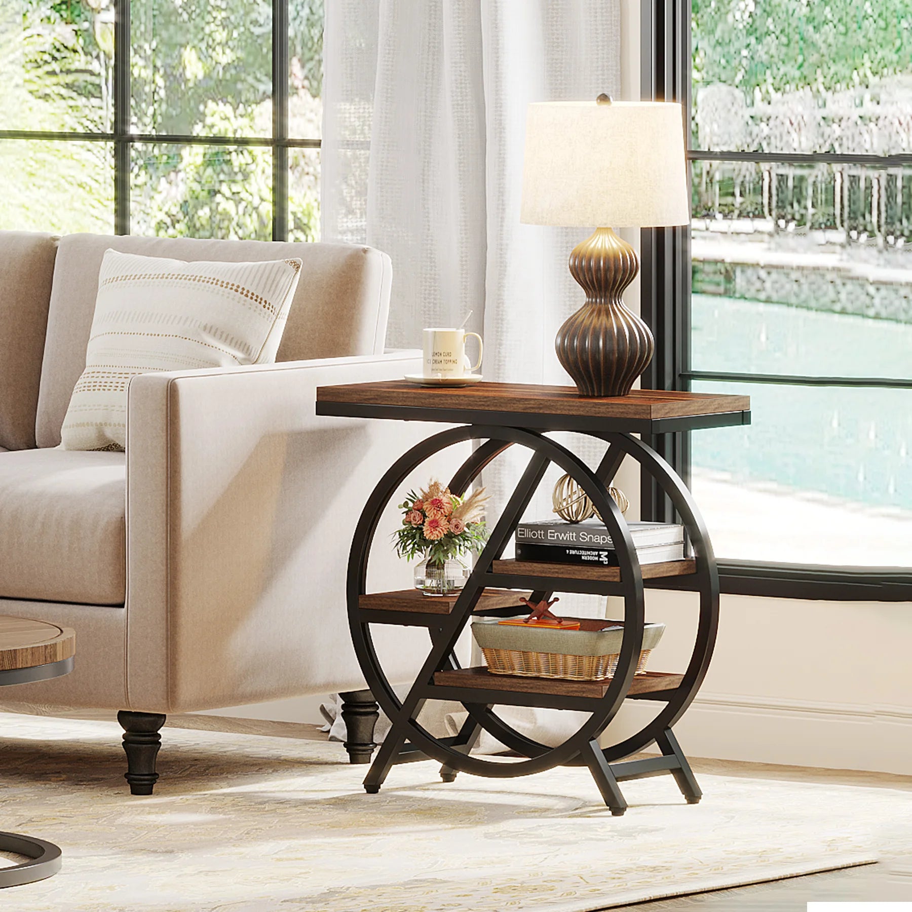 Tribesigns 3-Tier Narrow Side Table — Wood & Geometric Metal Frame
