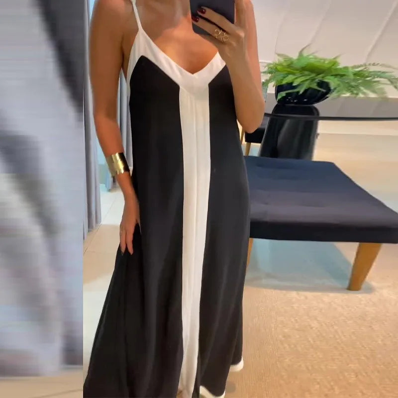 Black & White Contrast V-Neck Sleeveless Loose Long Dress — Elegant Casual Summer Dress