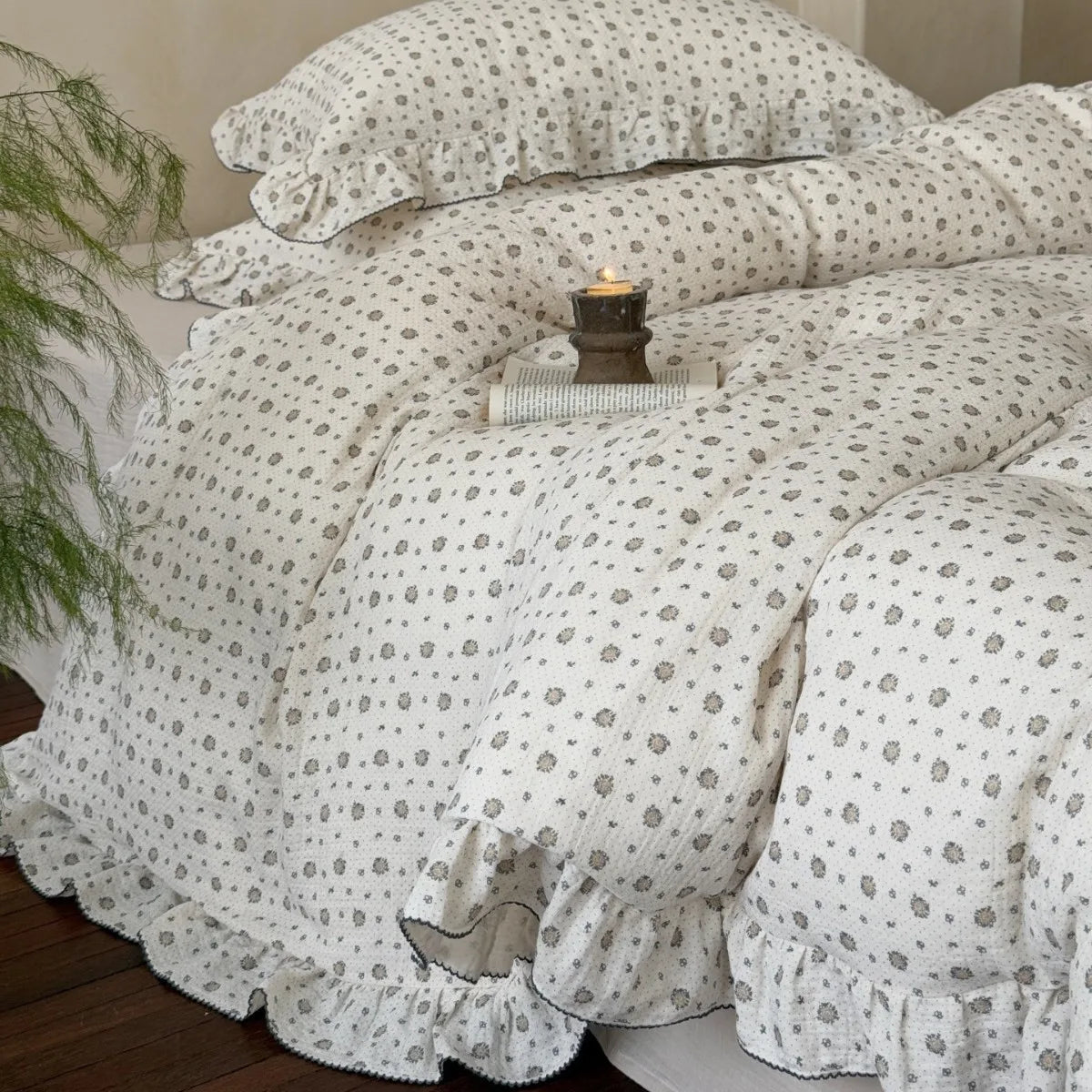 Princess Ruffle Bedding Set – 100% Cotton Gauze Duvet Cover with Pillowcases, Floral, 3-Piece