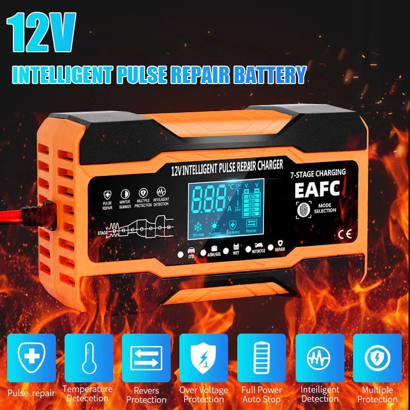 12V/24V Smart Battery Charger – 7-Stage Fast Charging & Pulse Repair for AGM, GEL, WET & Lead Acid Batteries