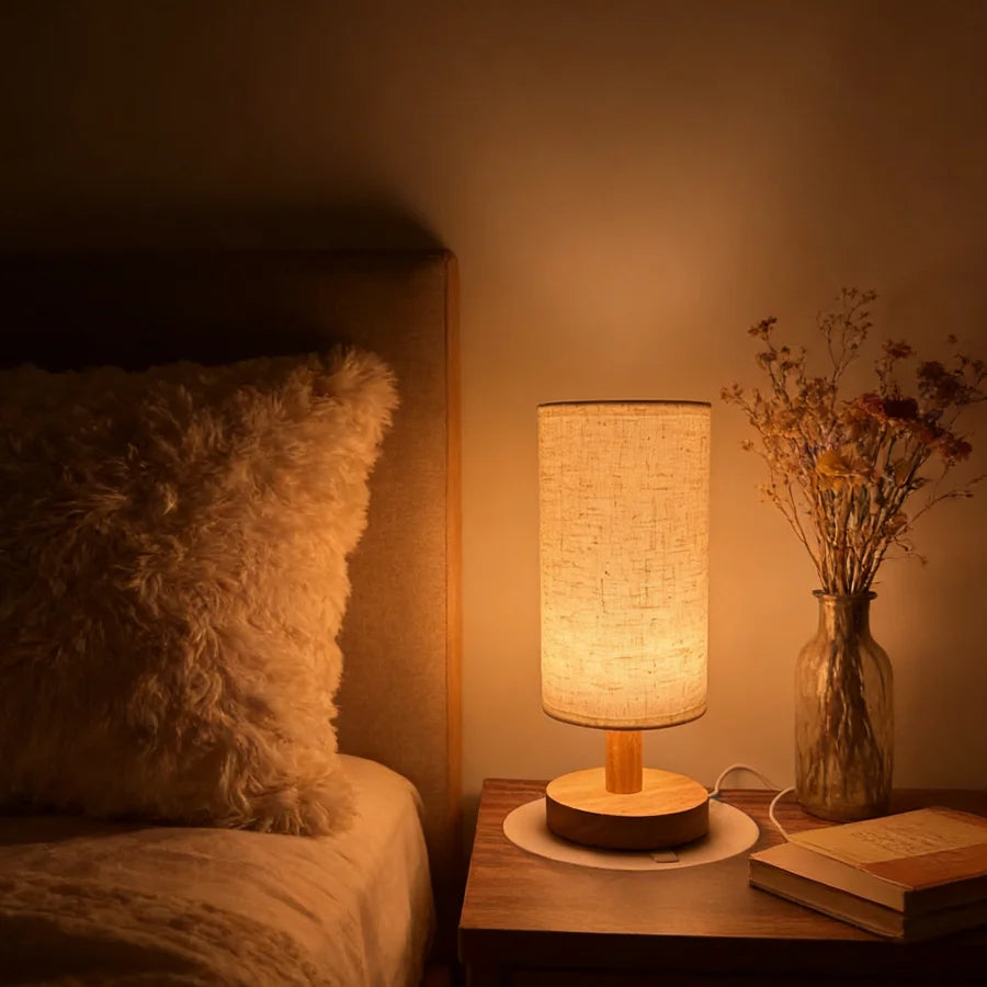Wooden Bedside Lamp – USB Light with Linen Shade