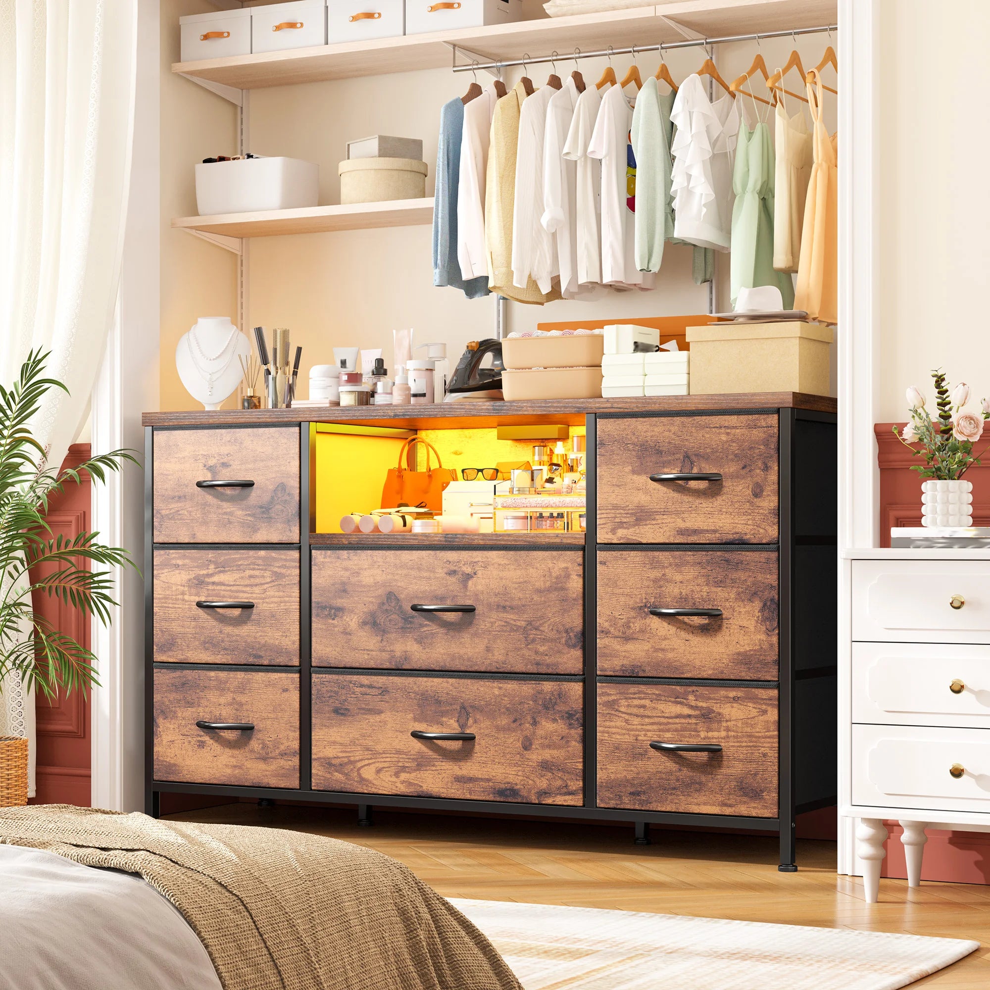 8-Drawer Media Dresser with LED Lighting & Built-In Charging Station — Fabric Storage Cabinet for 55" TVs