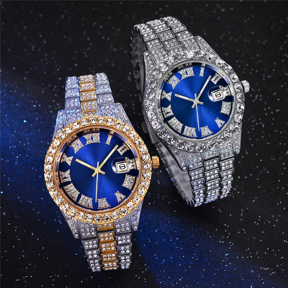 Men's Classic Golden Roman Rhinestone Quartz Watch | Steel Strap Calendar Fashion Wristwatch