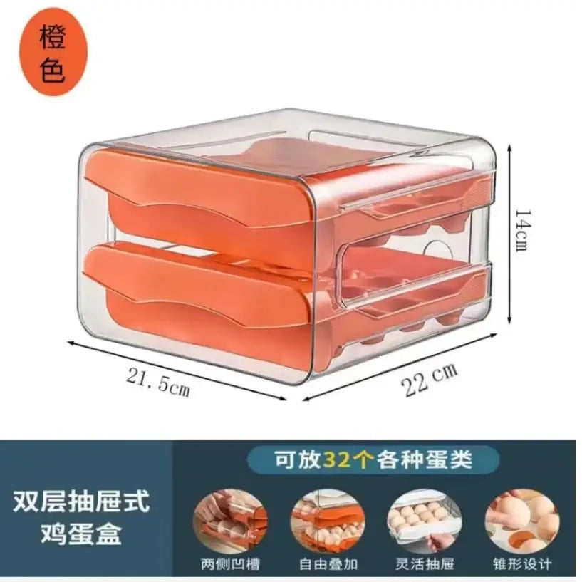 2-Layer Drawer Egg Storage Box – 32-Grid Fridge Egg Organizer, Dust-Proof & Stackable