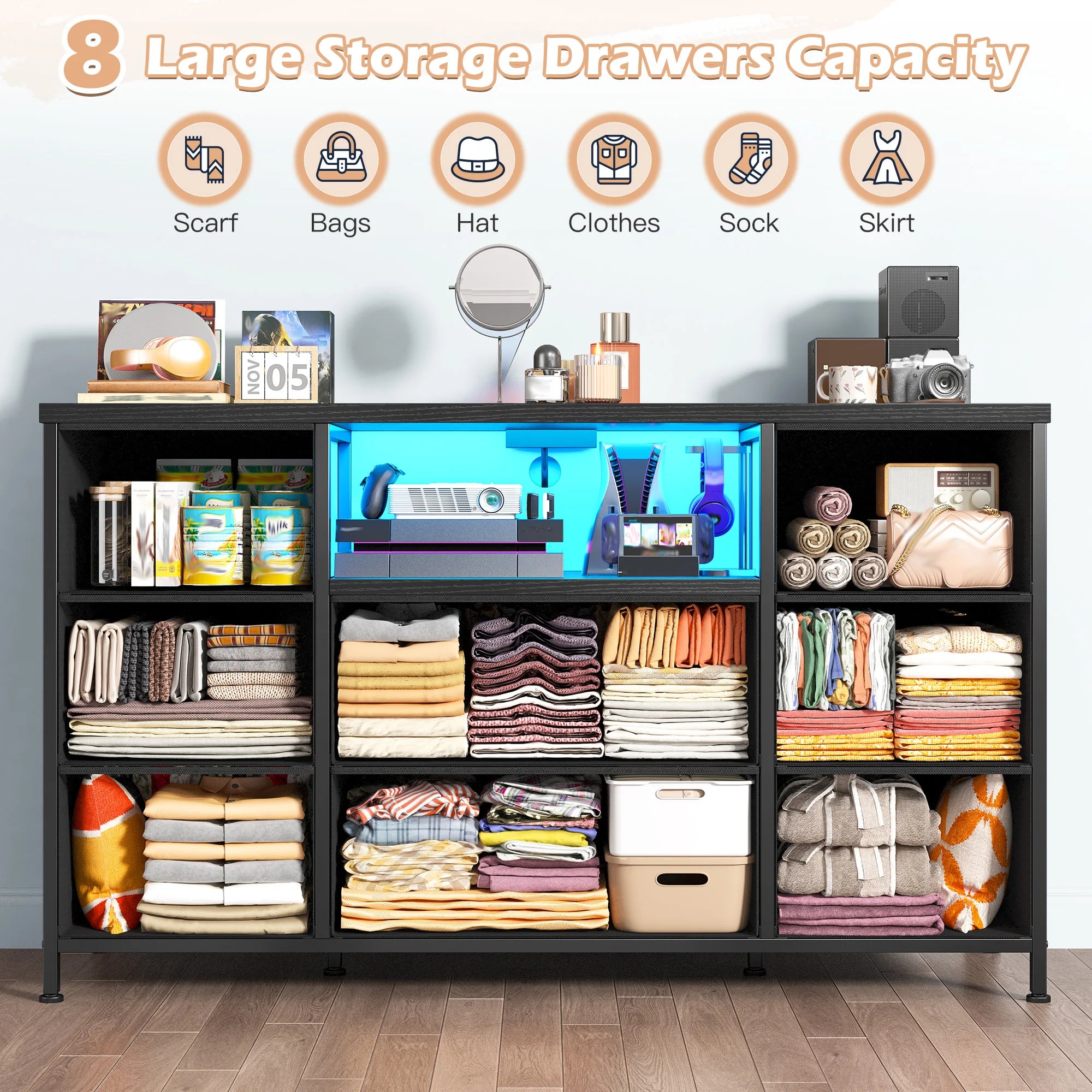 8-Drawer Media Dresser with LED Lighting & Built-In Charging Station — Fabric Storage Cabinet for 55" TVs