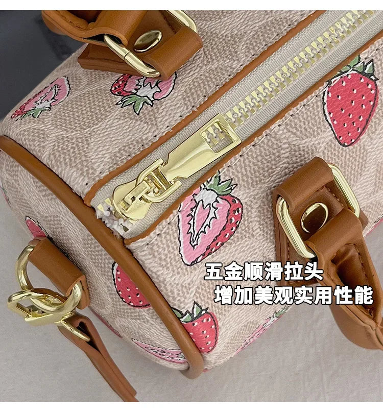 Cherry Print PU Leather Boston Crossbody Shoulder Bag – Luxury Designer Handbag for Women