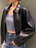 Women's Cropped Faux Leather Jacket – Lapel Zip Front