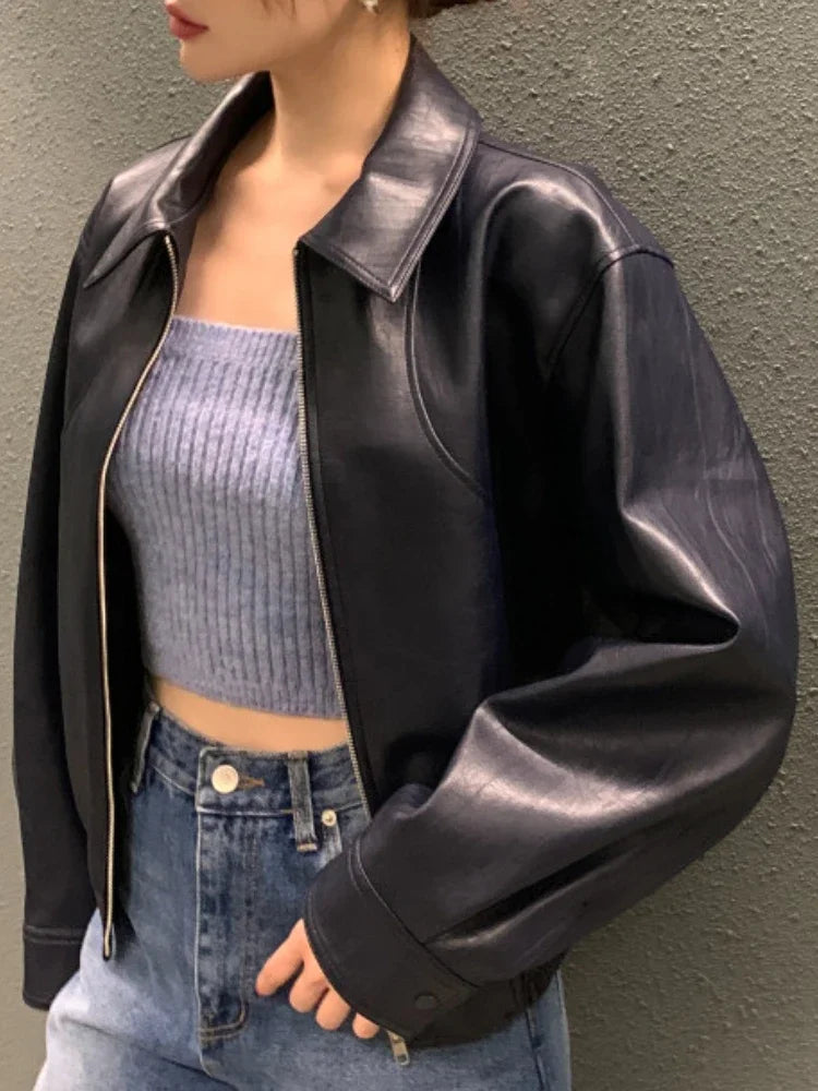 Women's Cropped Faux Leather Jacket – Lapel Zip Front