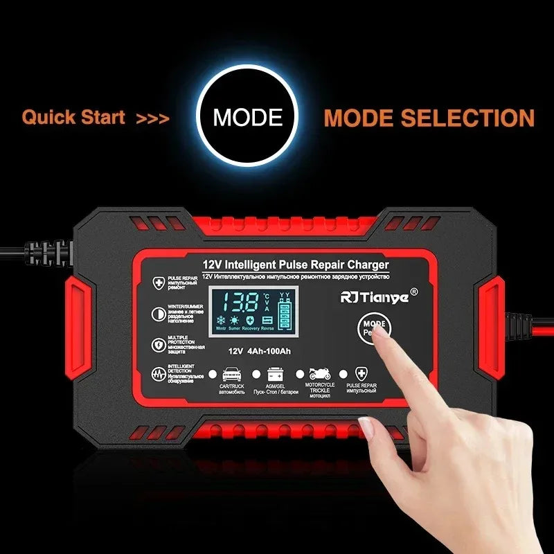 12V 6A Smart Car Battery Charger — LCD Touch Screen Pulse Repair for AGM, GEL & Lead Acid Batteries
