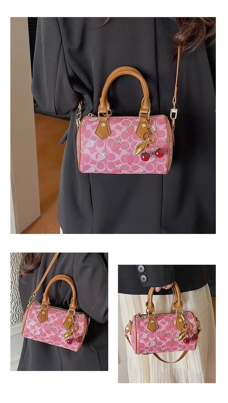 Cherry Print PU Leather Boston Crossbody Shoulder Bag – Luxury Designer Handbag for Women