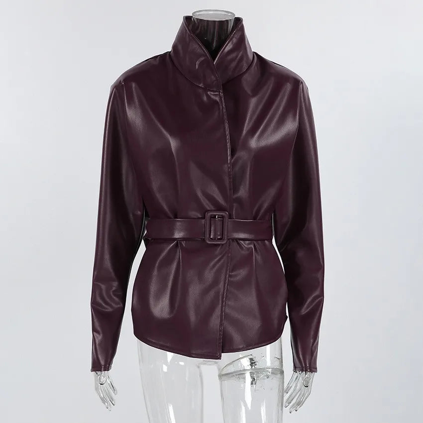 Women's Belted Faux Leather Jacket – Wine Red