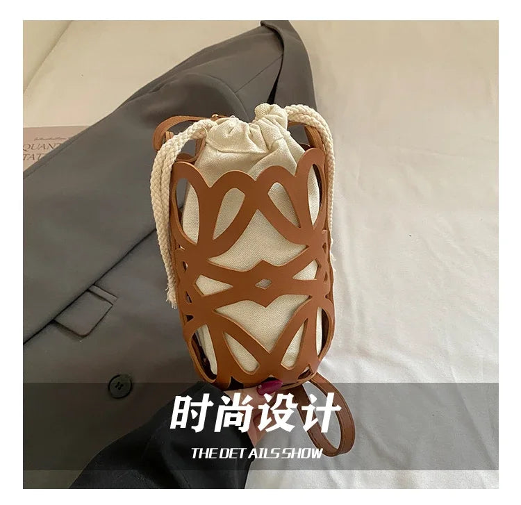 Brilliant Fish Hollow Out Drawstring Mini Bucket Crossbody Bag – Adjustable Strap Shoulder Bag for Women