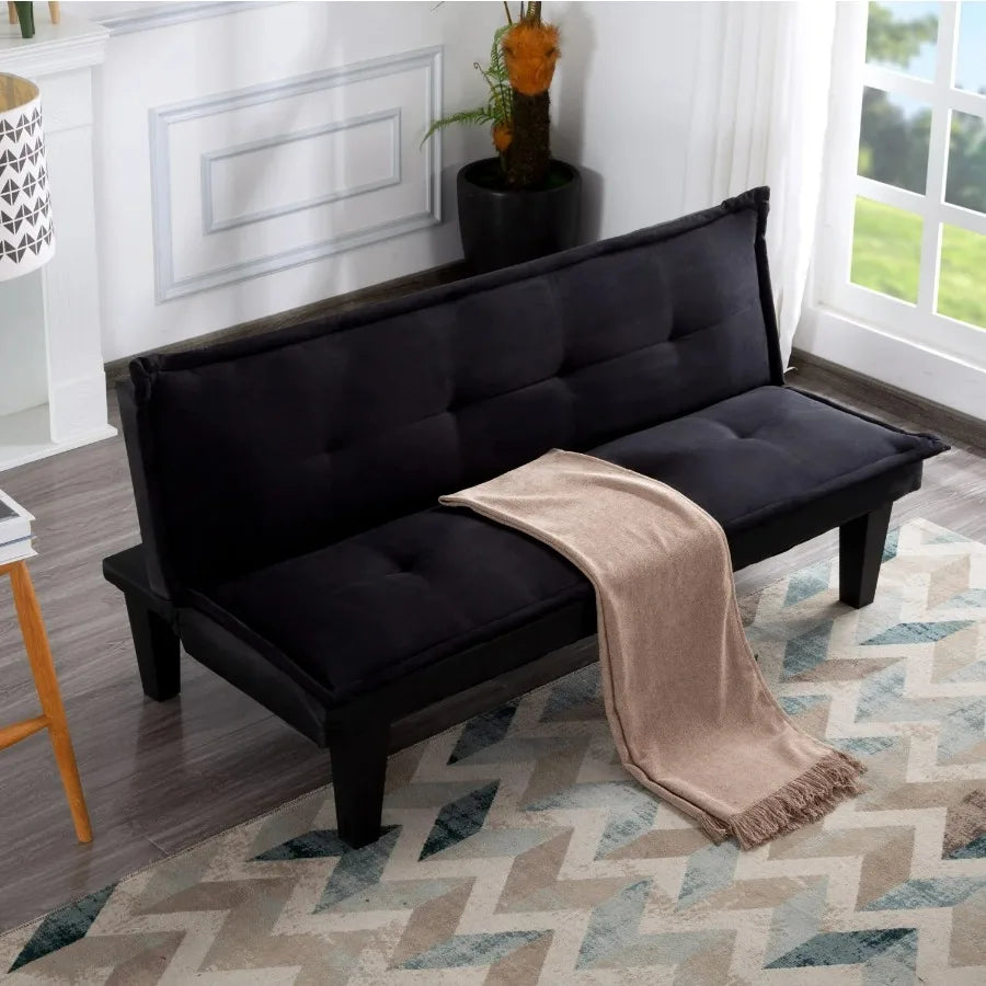 Gewnee 63.8" Futon Sofa Bed | Black Convertible Sleeper Couch, 3-Position Backrest, Faux Suede, Small Spaces