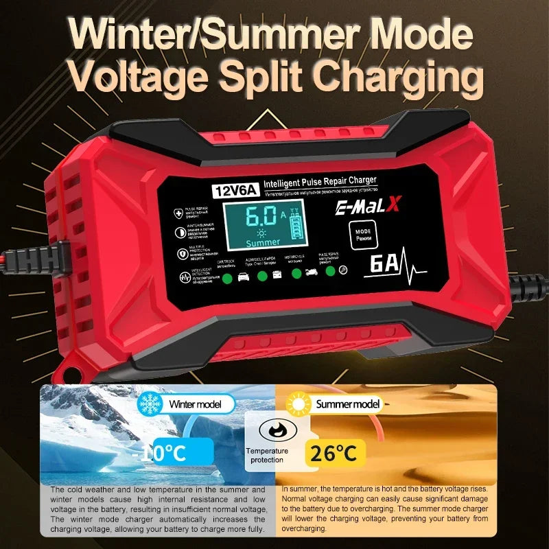12V 6A Smart Car Battery Charger – Pulse Repair LiFePO4 14.6V Fast Charge AGM GEL Lead-Acid for Auto & Motorcycle