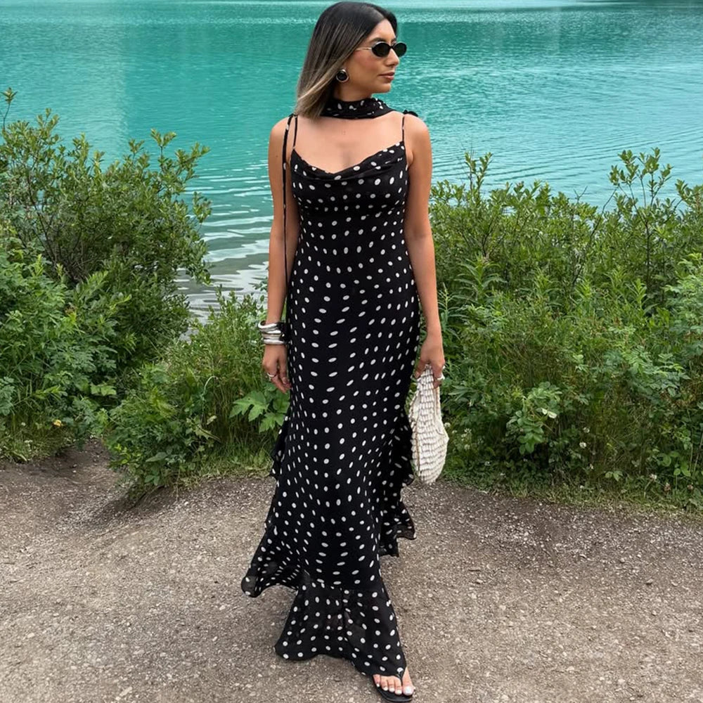 Elegant Polka Dot Halter Pleated Maxi Dress – Ruffle Sleeveless Evening & Party Dress