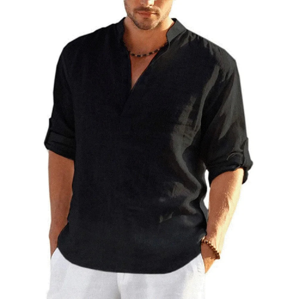 Men's Cotton Linen Long Sleeve Shirt — Loose Casual Blouse for Spring & Autumn