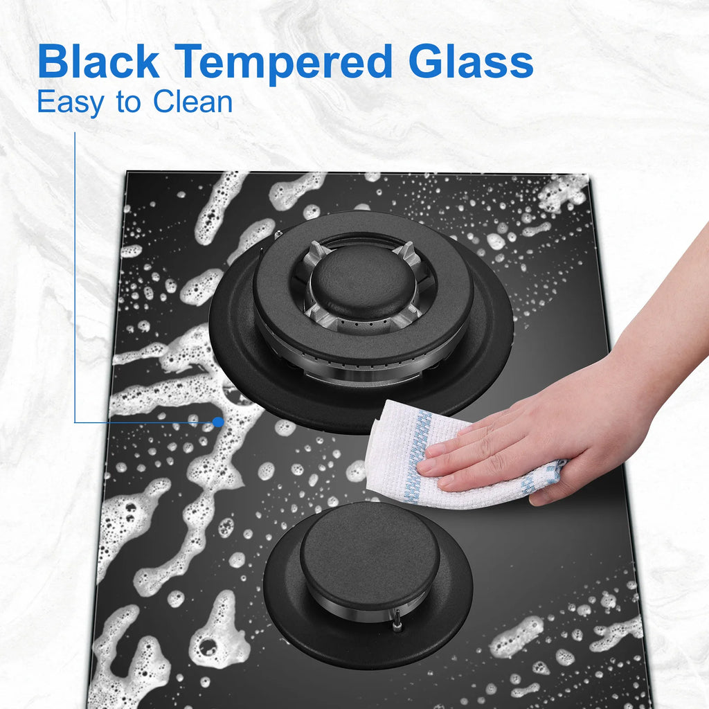 EU Certified 2-Burner Gas Hob – 30cm Tempered Glass, Dual Fuel NG/LPG, 5200W, Flame Failure Safety, Black