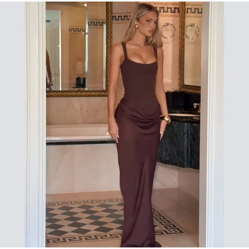 Brown Square-Neck Pleated Mini Dress — Sleeveless Backless Bodycon Club Dress