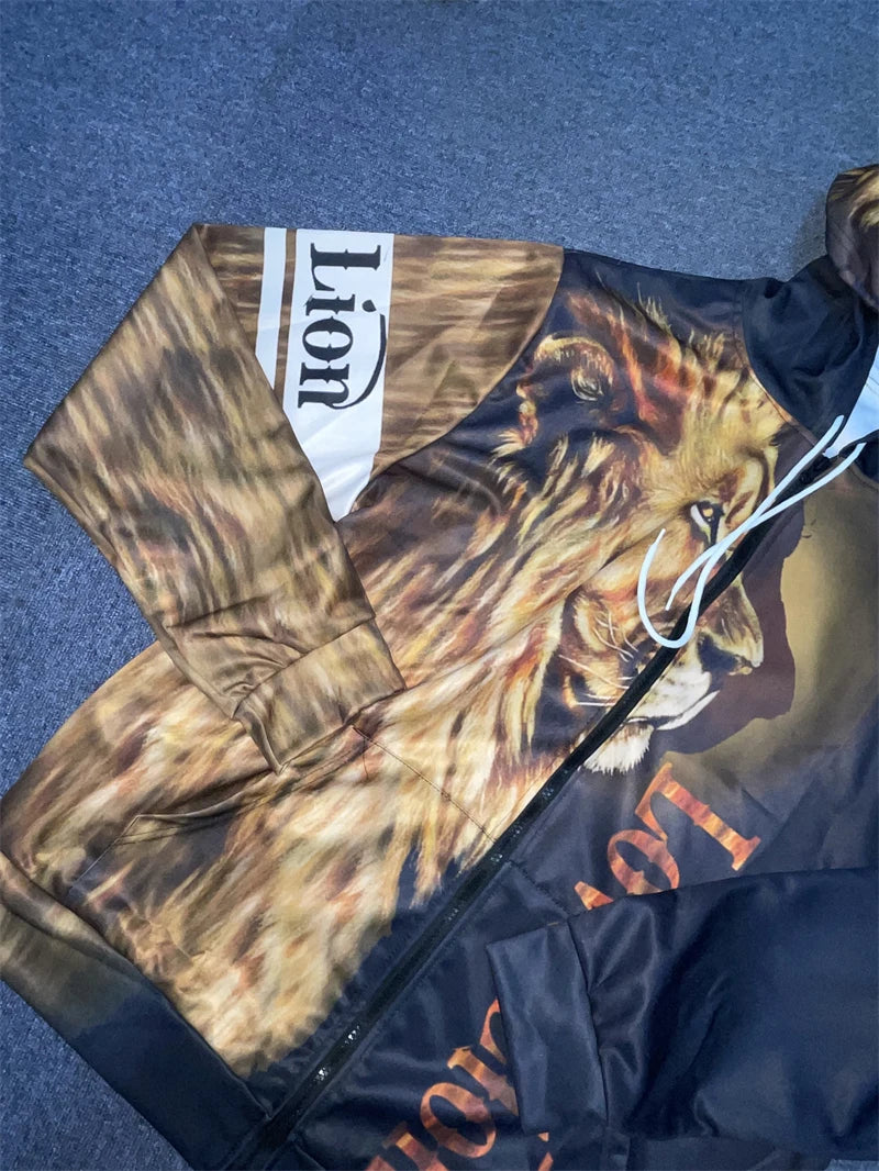 Men's 3D Lion Print Zip-Up Hoodie & Elastic Waist Pants Tracksuit Set