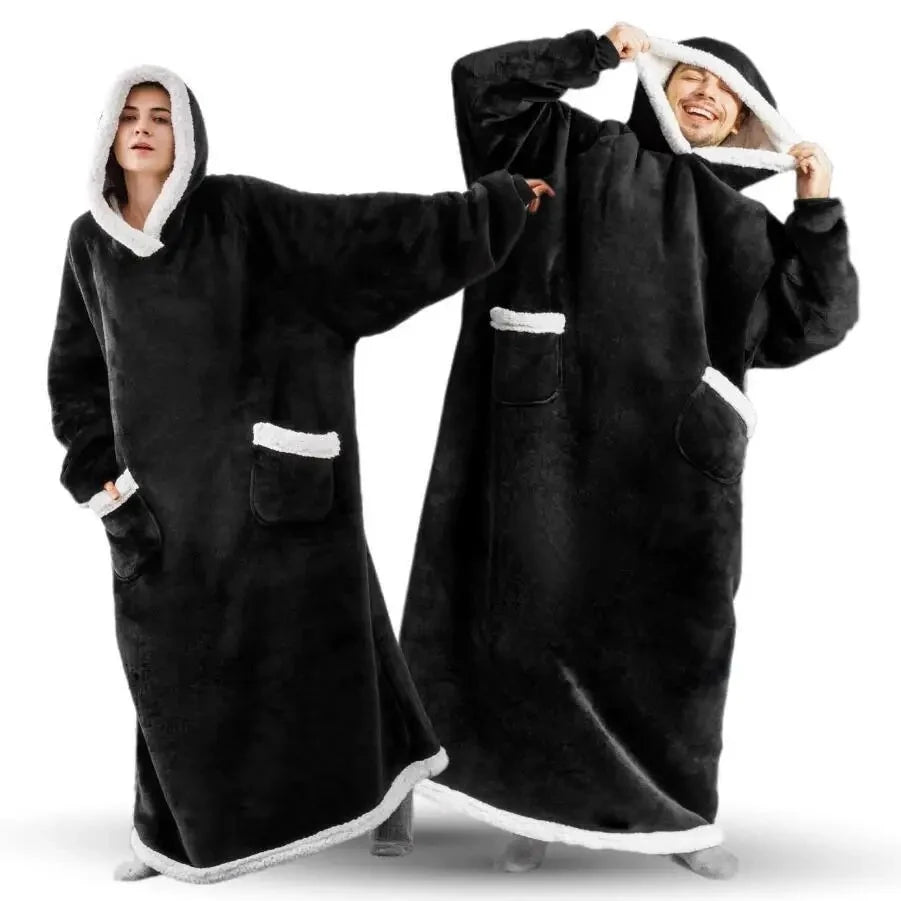 Super Long Flannel Blanket Hoodie – 180cm Oversized Fleece Sweatshirt with Sleeves for Women & Men