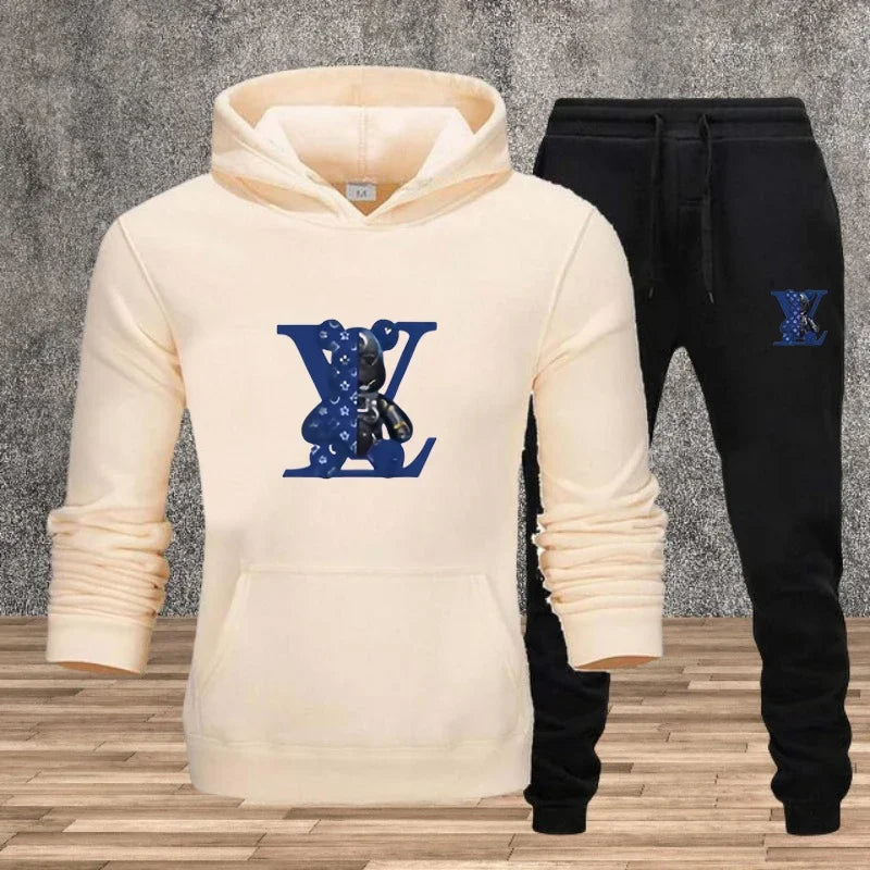 Men's Printed Hoodie Sweatshirt Set – 2-Piece Fleece Jogging Tracksuit
