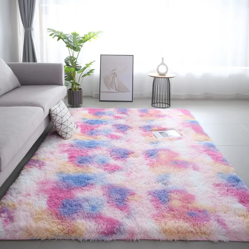 VIKAMA Tie-Dye Plush Carpet — Soft Fluffy Non-Slip Area Rug for Living Room, Kids Room & Baby Crawling