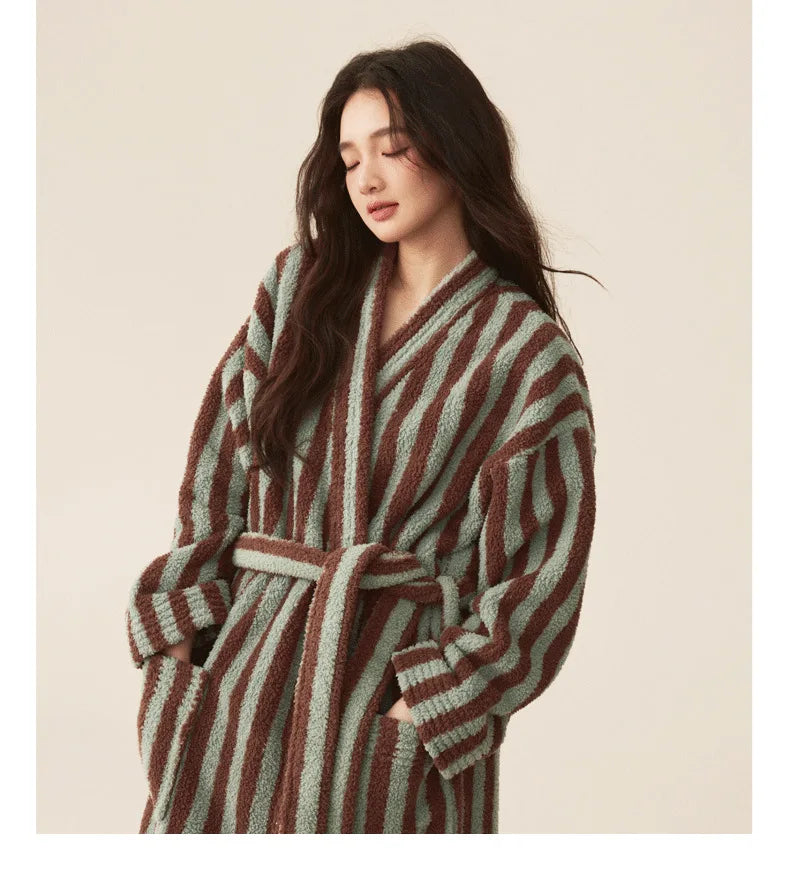Women's Coral Velvet Striped Fleece Robe | Thick Plush Dressing Gown Loungewear