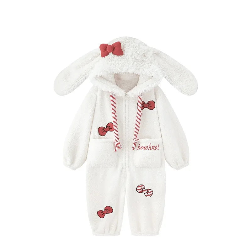 Women's Sweet Bow Rabbit One-Piece Fleece Pajamas | Thickened Coral Fleece Plus Size Loungewear
