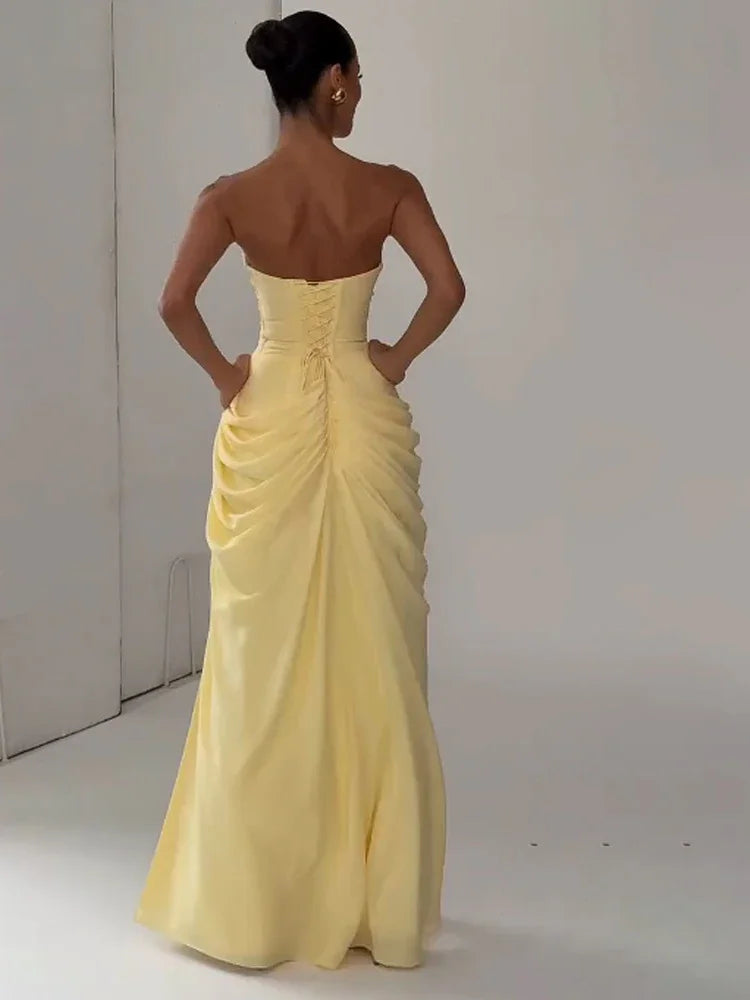 Sexy Strapless Pleated Maxi Dress – Off-Shoulder Backless High Waist Split Evening Party Gown