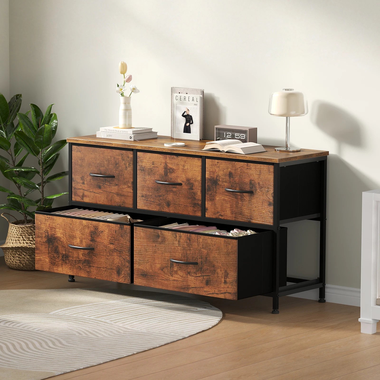 5-Drawer Fabric Dresser with Wooden Top & Metal Frame — Bedroom & Living Room Storage