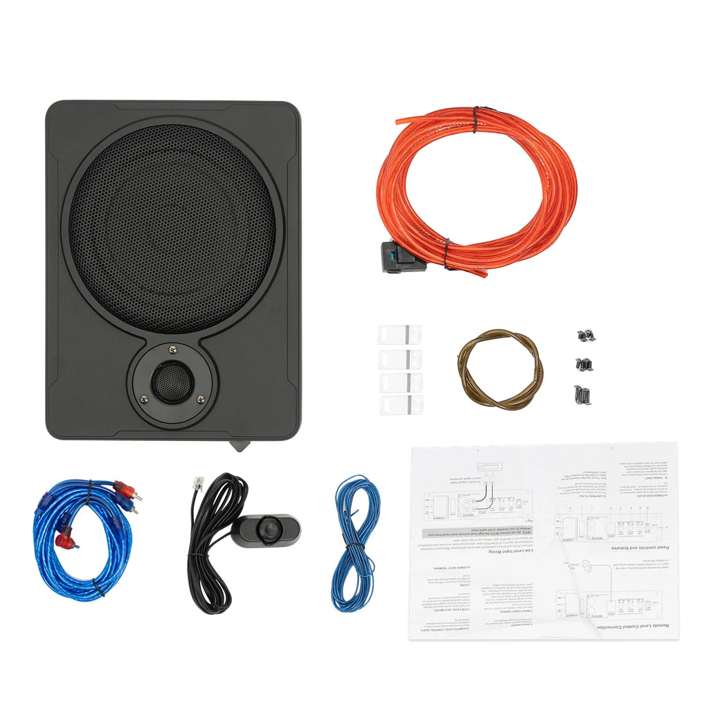Car audio subwoofer kit with components on a white background