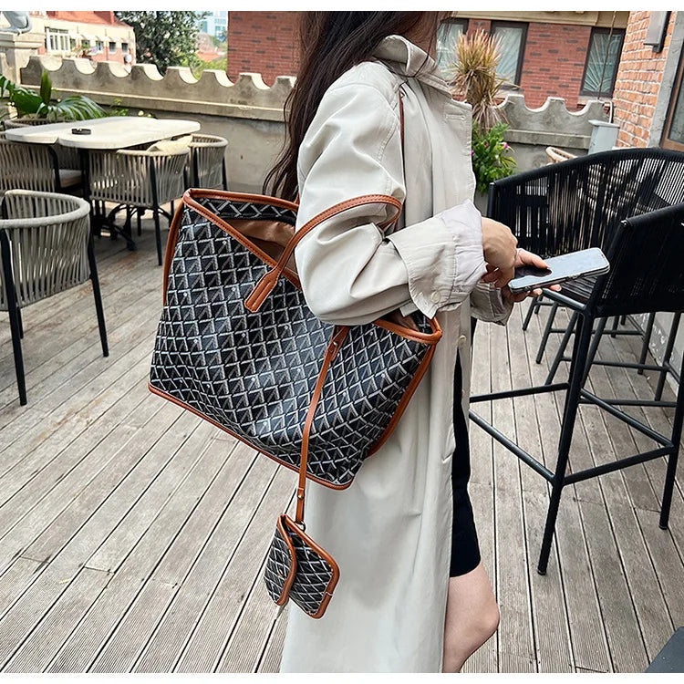 Embroidered Geometric PU Tote Shoulder Bag – Versatile Large Capacity Shopping Class Bag for Women