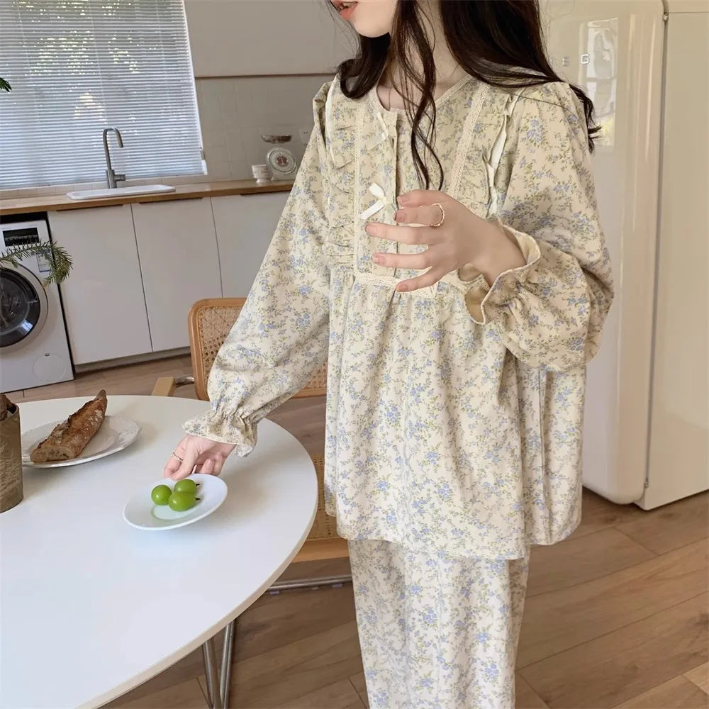 Women's Plus Size Garden Style Pajama Set | Korean Bow Homewear Long Sleeve