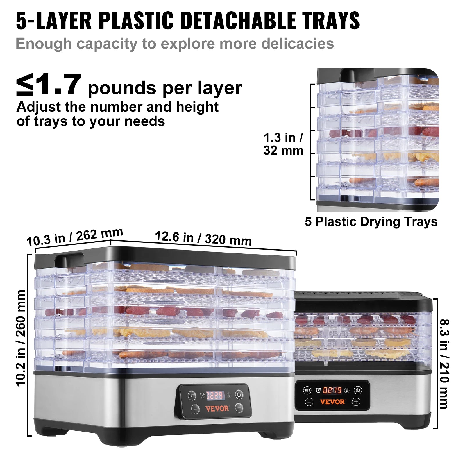 5-Tray Food Dehydrator 300W — Stainless Steel with Digital Timer & Adjustable Temperature